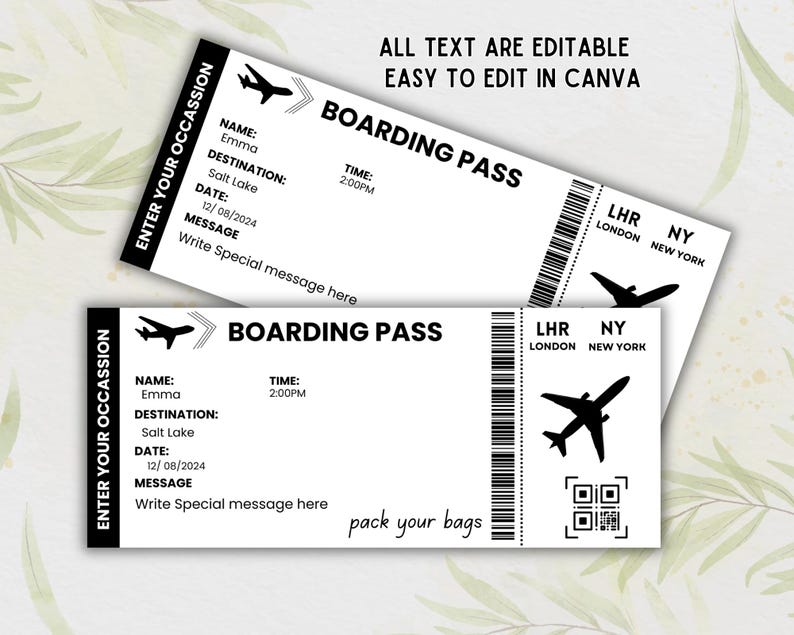 Peut inclure: Deux mod&egrave;les de cartes d'embarquement imprimables en noir et blanc avec le texte "BOARDING PASS" et "ENTER YOUR OCCASSION". Le mod&egrave;le comprend des champs pour le nom, la destination, la date, l'heure et un message. Le mod&egrave;le comprend &eacute;galement un code QR et un graphique d'un avion.