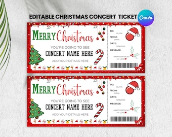 Puede incluir: Dos entradas para un concierto de Navidad con bordes rojos y decoraciones festivas. Las entradas presentan el texto "Merry Christmas", un árbol de Navidad, un bastón de caramelo y espacio para agregar detalles. Cada entrada incluye un gorro de Papá Noel.