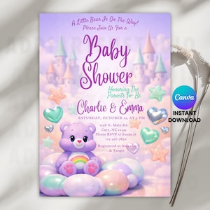 May include: Baby shower invitation featuring a purple bear with a rainbow, surrounded by pastel hearts and stars. The invitation includes text in a whimsical font, with a castle backdrop and the words "Baby Shower".