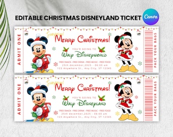 Modèle de billet modifiable de voyage surprise de Noël à Disneyland, billet de révélation surprise pour parc à thème, cadeau de vacances imprimable, billet modifiable sur toile