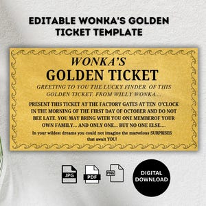 Bearbeitbare Wonkas Goldene Ticketvorlage, Ticketvorlage, bearbeitbares Ticket, Ereigniskarte, goldener Geburtstagskarte, digitaler Download