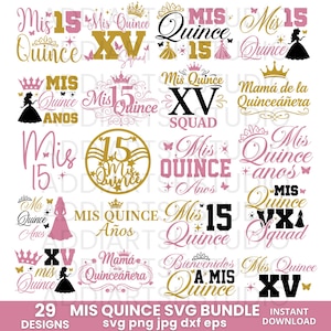 Op de afbeelding: Een verzameling van 29 "Mis Quince" SVG-ontwerpen in roze, goud en zwart. De ontwerpen bevatten tekst, kronen, vlinders en silhouetten van een quinceañera. De bundel is direct te downloaden.