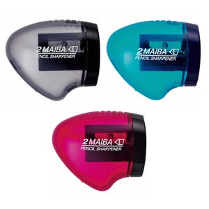 May include: Three handheld pencil sharpeners in translucent grey, teal, and magenta plastic. Each sharpener features a black cap, a metal blade, and the white printed text 2 MAIBA PENCIL SHARPENER on the side of the rounded, ergonomic body.