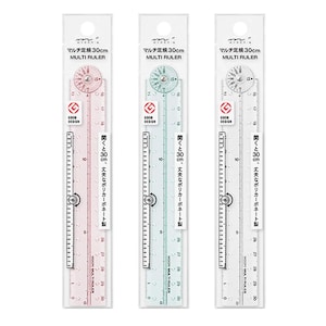May include: Three 30 cm multi-rulers in pink, light blue, and clear plastic, each in individual packaging. The rulers feature a circular protractor at the top, a central hinge, and printed markings. Each package displays the text Multi Ruler.