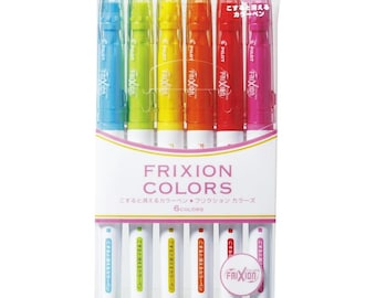 May include: A set of six Pilot FriXion Colors erasable pens in a clear plastic package. The pens are arranged in a rainbow order from blue to pink. The package has the text "FRIXION COLORS" and "こすると消えるカラーペン・フリクション カラーズ 6 COLORS" printed on it.