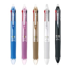 May include: Five retractable ballpoint pens with different coloured barrels: blue, pink, gold, white, and black. Each pen has a clear plastic tip and features the text "FRIXION BALL 4" and "PILOT" on the barrel.