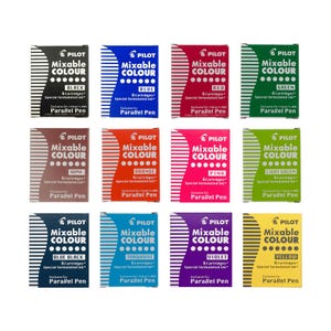 May include: Twelve small boxes of Pilot Mixable Colour ink cartridges. Each box features a different colour ink: black, blue, red, green, sepia, orange, pink, light green, blue black, turquoise, violet, and yellow. Each box says "Pilot Mixable Colour" and "6 Cartridges Special formulated ink" and "Exclusive for Parallel Pen".
