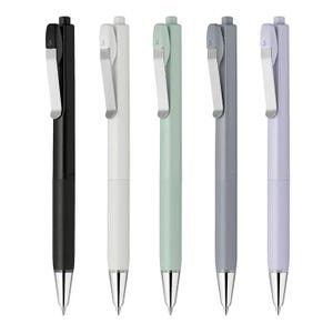 May include: Five ballpoint pens in a row, each in a different colour: black, white, light green, grey, and lavender. Each pen has a silver clip and a 0.5 marking. The pens have a sleek, modern design.