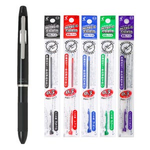 May include: A black multi-pen with a silver clip and the text "HI-TEC-C COLETO" on the side. The pen is next to five refill packs for the pen, each with a different color ink: black, red, blue, green, and purple. The refill packs have the text "HI-TEC-C COLETO" and "0.3" on them.