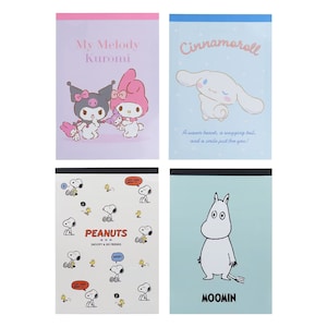Blocco note Sanrio My Melody & Kuromi, Cinnamoroll, Snoopy, Moomin, 100 fogli, note di carta antiaderenti a 4 motivi, realizzate in Giappone