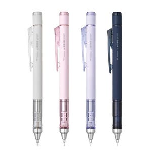 May include: Four mechanical pencils in white, pink, lavender, and navy blue. Each pencil has a clear grip section and a metal tip. The pencils have a clip and the text "MONO graph" is printed on the side.