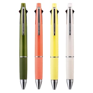 May include: Four multi-colour pens in green, coral, yellow, and white. Each pen has a silver clip and tip, with a rubber grip at the base. The pens are designed for multiple ink colours and have a sleek, modern design.