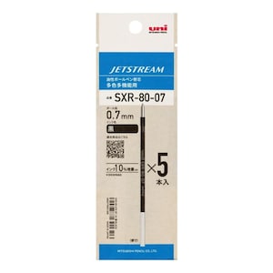 May include: A pack of five black Jetstream ballpoint pen refills. The refills are 0.7 mm in size and are compatible with multi-color and multi-function pens. The packaging is brown with black text and a QR code.