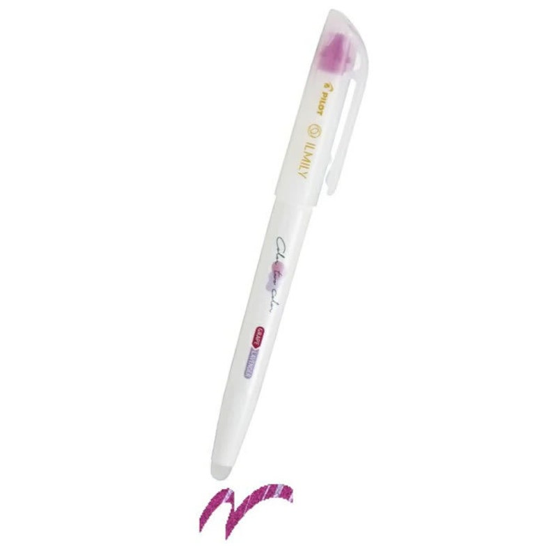 Peut inclure: Un stylo gel Pilot Ilimily Color Eno-color blanc avec un capuchon rose et un &eacute;chantillon d'encre rose. Le stylo a un corps transparent et le texte "Color Eno-color" est imprim&eacute; sur le c&ocirc;t&eacute;.