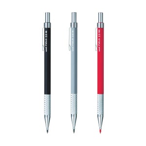 Op de afbeelding: Drie mechanische potloden, een zwart, een grijs en een rood, met de tekst "uni FIELD 2.0 mm" op elk.