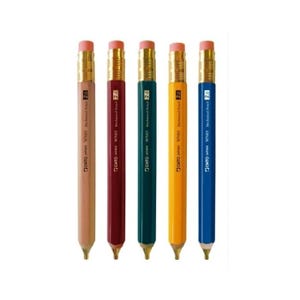 May include: Five mechanical pencils with pink erasers and gold-toned metal ferrules. The barrels are light wood, maroon, dark green, yellow, and blue. Each pencil features the text OHTO JAPAN WN03 Mechanical Pencil 2.0 printed in white.