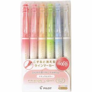 Könnte beinhalten: Eine Packung mit sechs Pilot Frixion Light, löschbaren Textmarkern in Pastellfarben. Das Set enthält rosa, orange, grüne, blaue und transparente Textmarker. Die Verpackung enthält japanischen Text und eine Abbildung, die zeigt, wie die Tinte gelöscht wird.