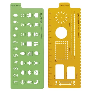 May include: Two plastic stencils, one green and one yellow. The green stencil has numbers and icons for weather, activities, and moods. The yellow stencil has a clock, photo, and schedule templates, plus a ruler. Text includes "JIBUN_TECHO" and "KOKUYO".