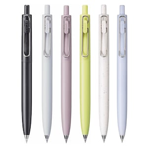 May include: Six pens in different colours, including black, light blue, light purple, light green, white, and light blue. The pens have a silver clip and a silver tip.