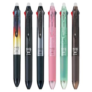 May include: Six multi-coloured retractable pens with black, silver, brown, pink, green, and gold barrels. Each pen has a black clip and a red button. The pens are labelled "FRIXION 3 COLORS Slim PILOT".