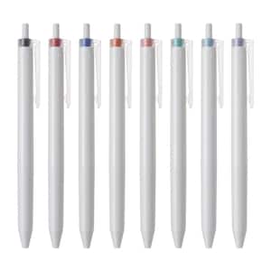 May include: A collection of eight white pens with colored accents. Each pen has a different color at the top, including black, red, blue, orange, pink, teal, light blue, and purple. The pens have a simple, modern design with a clear clip.