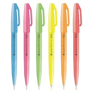 May include: Six colorful pens in blue, pink, green, yellow, orange, and red. Each pen has a matching cap and a fine tip. The text "touch サインペン" is printed on the pen's body. These pens are ideal for writing and drawing.