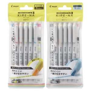 May include: Two packs of Pilot Kire-Na highlighter pens, one with basic colours and the other with pale tones. Each pack contains five pens. The packaging includes Japanese text and illustrations, highlighting the pens' features.