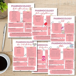 Può includere: Un set di dieci flashcard rosa e bianche con il titolo "Farmacologia" e diverse categorie di farmaci, tra cui beta-bloccanti, antiaritmici, CCB, ACE-inibitori, nitrati e ARB. Ogni scheda elenca i farmaci, le loro azioni, indicazioni, controindicazioni, effetti collaterali e considerazioni infermieristiche.
