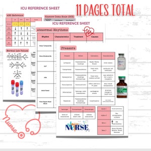 ICU Cheat Sheet, ICU Reference Guide, ABG, Hemodynamics, arrhythmias, meds, nurse cheat sheet, pdf nurse guide
