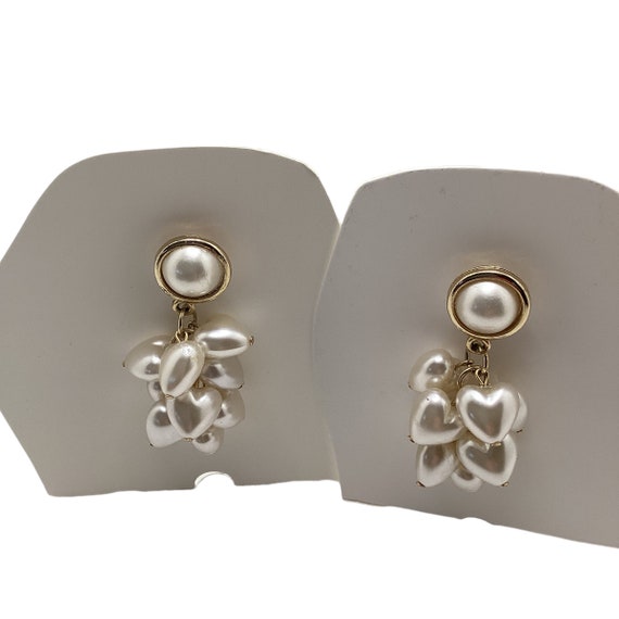 Vintage Pearl dropped pierced earrings with heart… - image 5