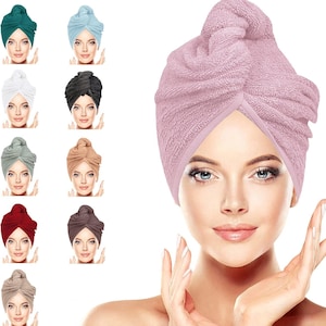 May include: A pink microfiber hair towel turban with a twist design. The towel is wrapped around a person's head and secured with a knot at the top.