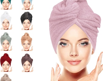 100% Cotton Hair Towel Wrap, Quick Drying Lightweight Turban, Button Loop (66CM x 26CM)