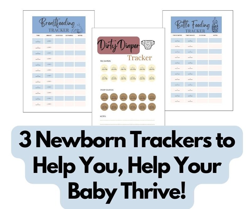 May include: Three printable baby trackers: a breastfeeding tracker, a bottle feeding tracker, and a dirty diaper tracker. The trackers are designed with a light blue background and feature illustrations of a baby bottle, a breast, and a diaper.