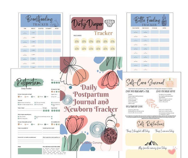 May include: A set of printable postpartum trackers and journals with floral illustrations. The trackers include breastfeeding, bottle feeding, dirty diaper, and a daily postpartum journal and newborn tracker. The journal includes sections for self-care, reflections, and daily tracking.