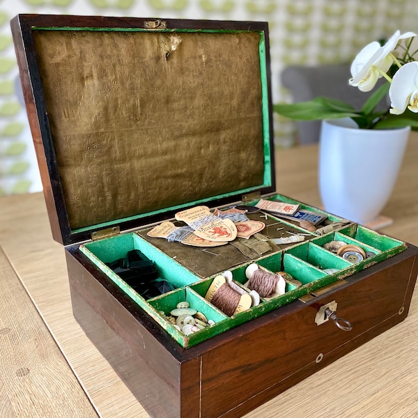 Victorian Rosewood Sewing Box with Mother of Pearl Escutcheon and Stringing