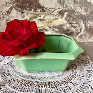 May include: A hexagonal light green ceramic bowl with a smooth finish and subtle brown mottled accents along the edges. A single large, vibrant red rose with layered petals is positioned inside the bowl, resting against the inner rim.