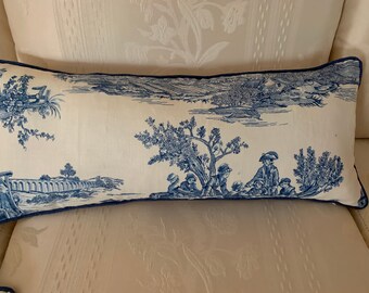 Pillow Covers Lumbar STROHEIM & ROMANN Linen Pastoral Toile, Decorative Lumbar, Pastoral Blue / White- 12x26- 2 AVAILABLE