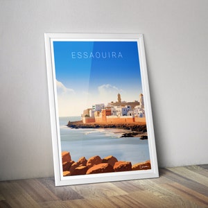 May include: A colorful illustration of Essaouira, Morocco, a coastal city with white buildings and a blue sky. The city is situated on a peninsula with a sandy beach and turquoise water.