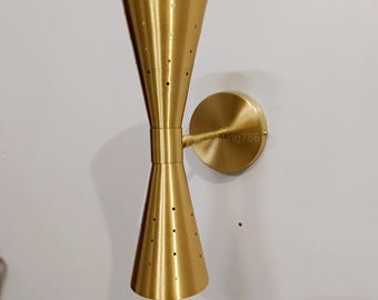 1950s Mid Century Raw Brass Double Cone Wall Sconce