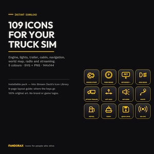 Pode incluir: Uma coleção digital de 109 ícones para jogos de simulação de caminhão, com símbolos de linhas amarelas em fundos quadrados escuros. O texto diz 109 ICONS FOR YOUR TRUCK SIM, incluindo rótulos como ENGINE START e PARK BRAKE em uma grade.