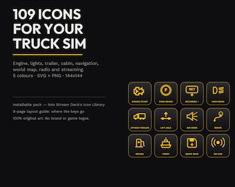 Truck Sim Stream Deck Icons | 109 Cab Controls (SVG + PNG)