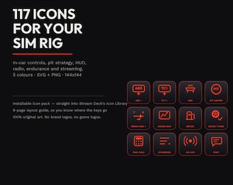 Sim Racing Stream Deck Icons | 117 Cockpit Controls, Pit, HUD (SVG + PNG)