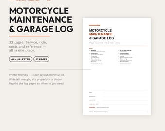 Motorcycle Maintenance Log | Service, Oil, Tyre Tracker (PDF Download)