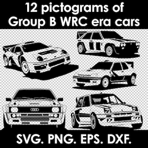 Coches de rally Grupo B WRC, pictogramas en png, svg, eps y dxf, clipart, cutout, Audi Quattro, Peugeot 205, Ford RS200, Lancia Delta, MG Metro