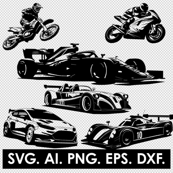 Racing Set of Formula 1 car, MotoGP bike, Le Mans car, WRC Rally car, pictograms in png, svg, eps and dxf, clipart, cutout, commercial use