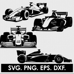 Conjunto de 4 autos de Fórmula 1, pictogramas en png, svg, eps y dxf, clipart, recorte, uso comercial, carreras de Fórmula 1