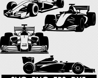 May include: Four black and white silhouette images of Formula One race cars. The cars are in different positions, some are facing forward and some are facing sideways. The cars have large wheels and spoilers.