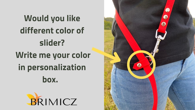 May include: A red dog lead with a metal clip and a slider. The slider is adjustable and can be customised with different colours. The text "Would you like different color of slider? Write me your color in personalization box." is visible in the image.