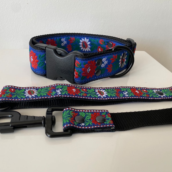Handmade Black/ Blue Dog Collar and Leash Set with traditional Czech folk floral pattern, Black plastic buckle, wedding collar and leash,