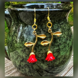 Dangle Earrings, Rose Earrings, Rose Jewelry, Long Stem Rose, Gold Earrings, Fancy Jewelry, Gold Jewelry, Women’s Earrings